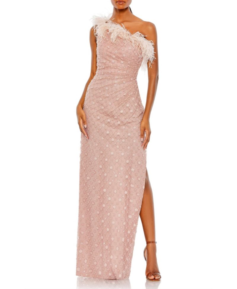 Women's Embellished One Shoulder Feathered Gown
