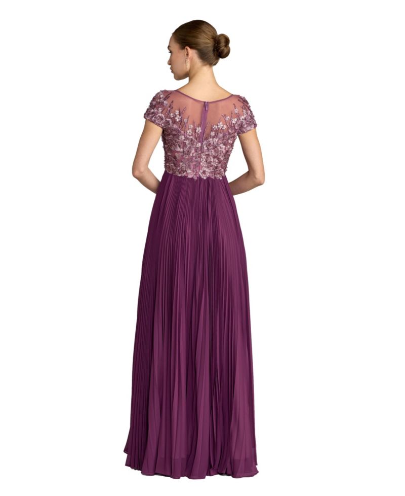 Petite Embroidered Cap Sleeve High Neck Pleated Gown