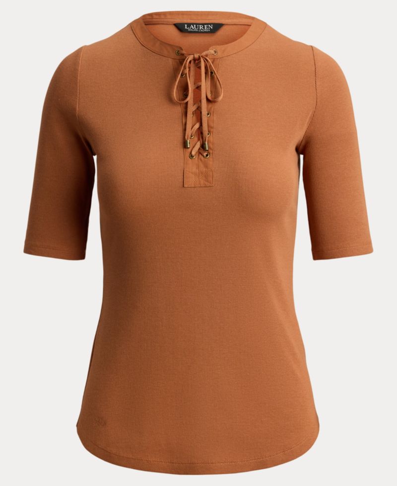 Women's Crewneck Lace-Up Ribbed Elbow-Sleeve T-Shirt