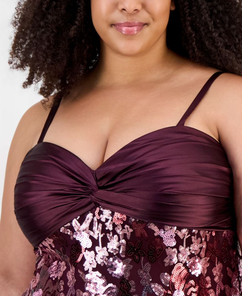 Trendy Plus Size Twist-Front Satin Bandeau Sequin Skirt Dress