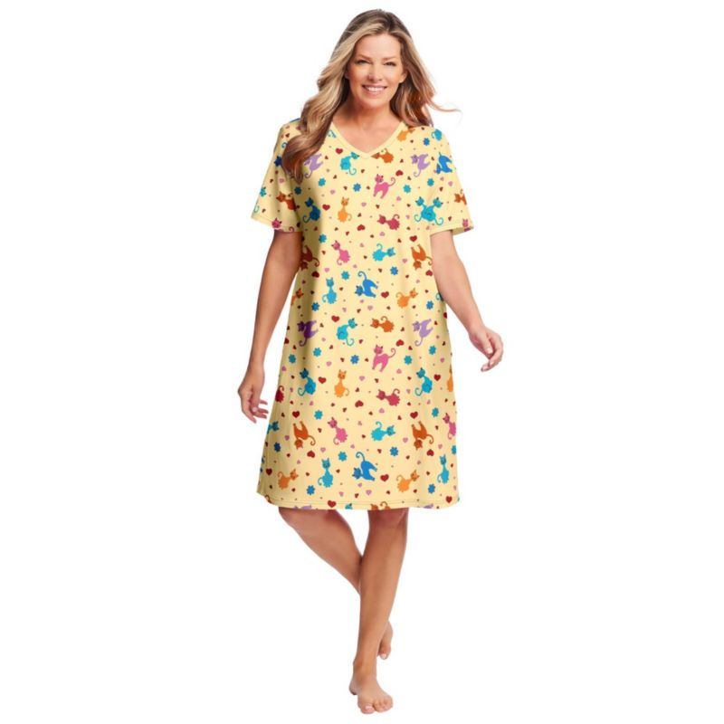 Women's Dreams and Co. V-Neck Short Sleeve Knee-Length Cotton Sleepshirt