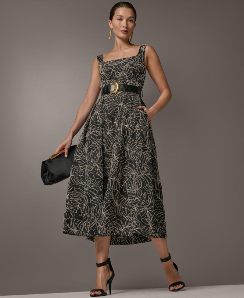Women's Square Neck A-Line Midi Dress with Polyurethane Belt