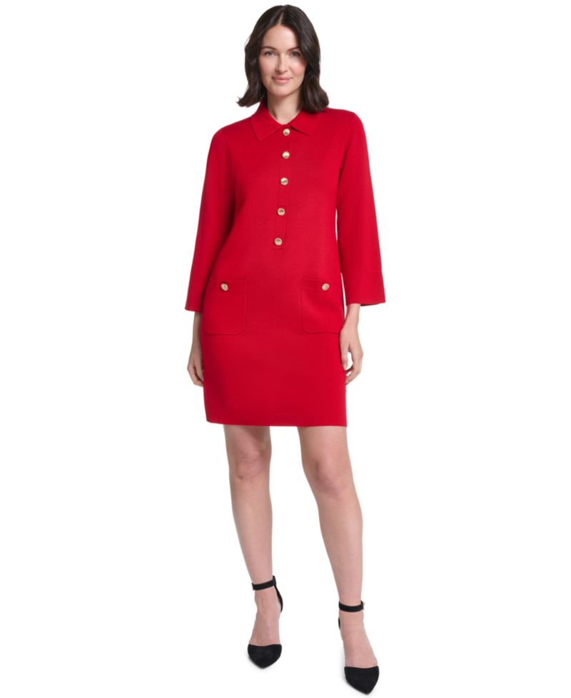 Petite Collared Button-Front Long-Sleeve Midi Dress