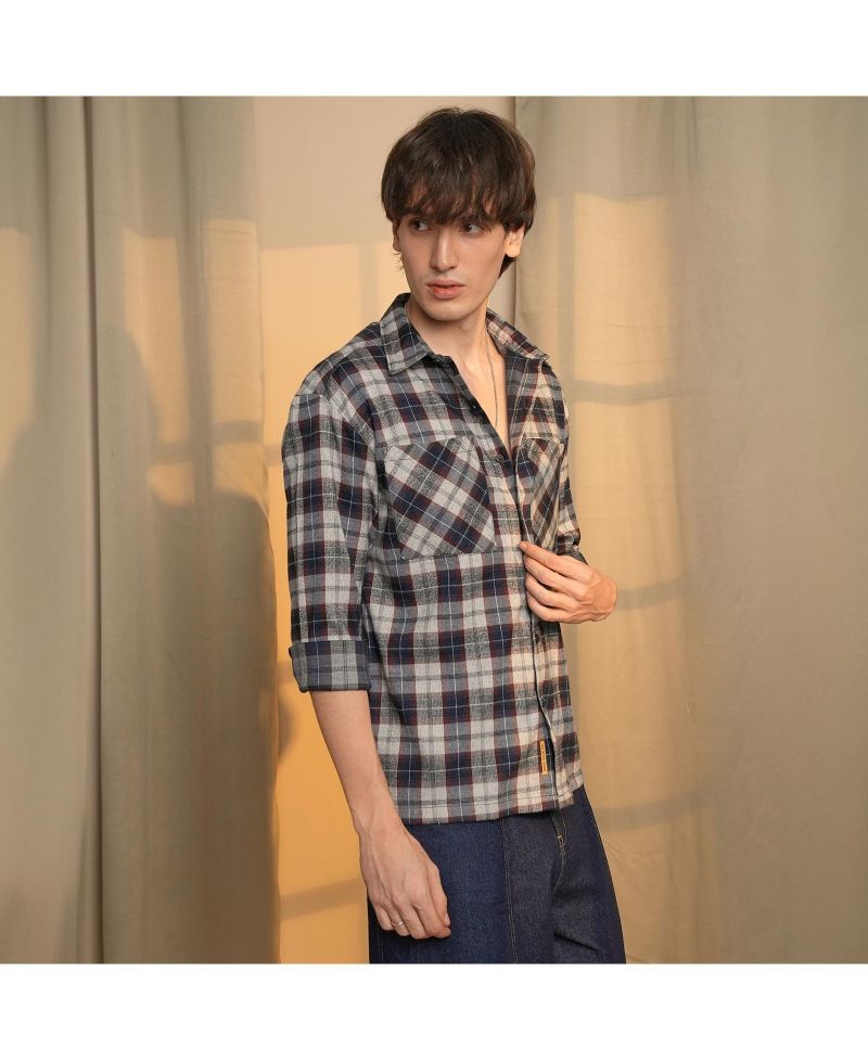 Men's Navy Blue & Cloud Grey Tartan Plaid Shirt