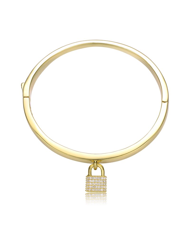 14k Yellow Gold Plated with Cubic Zirconia Padlock Charm Stacking Bangle Bracelet
