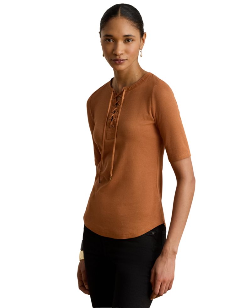 Women's Crewneck Lace-Up Ribbed Elbow-Sleeve T-Shirt
