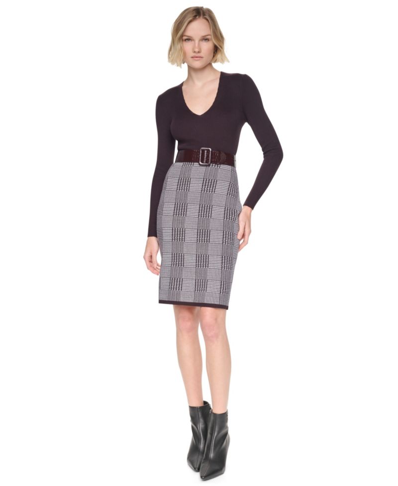 Women's Houndstooth Plaid V-Neck Long-Sleeve Sweater Dress