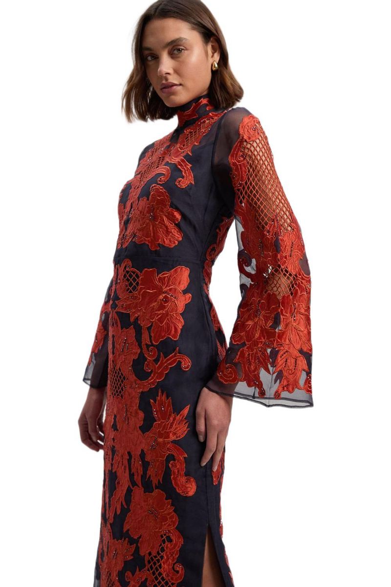 Women's High Neck Embroidered Midi Dress