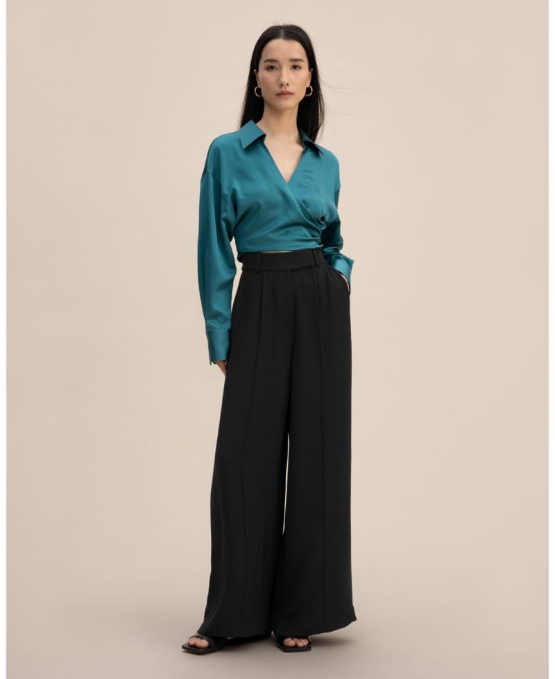 Women's Pure Silk Blouse Wrapover Cropped Shirt