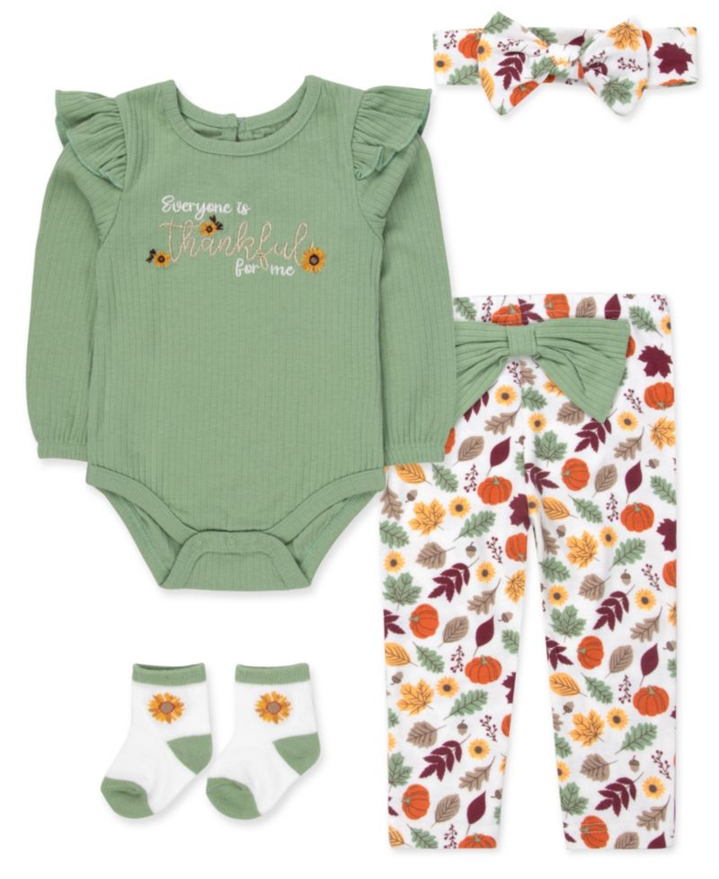 Girls' 0-5T Thankful Long-Sleeve Ribbed Thanksgiving 4-Piece Set