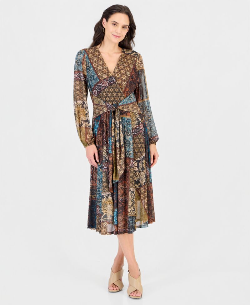 Women's Print Surplus V-Neck Long-Sleeve Wrap Midi Dress