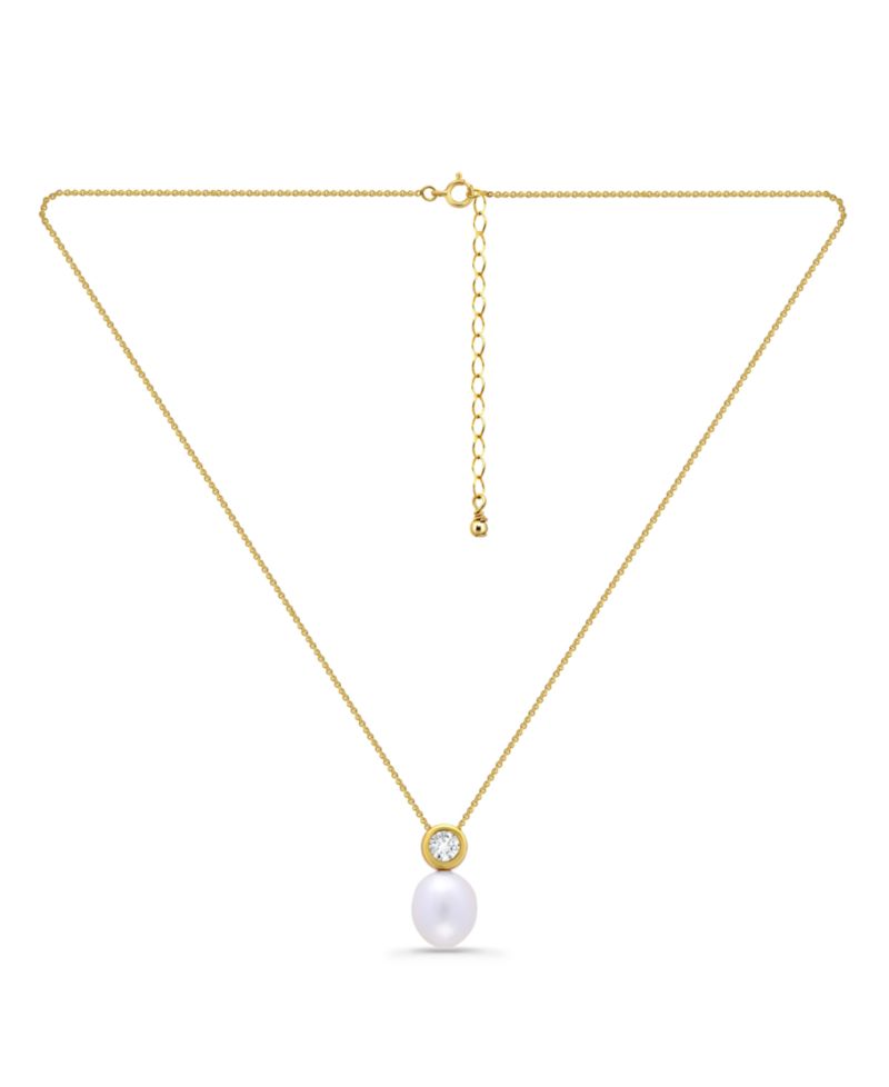 Teardrop Freshwater Cultured Pearl Round Cubic Zirconia Bezel Necklace