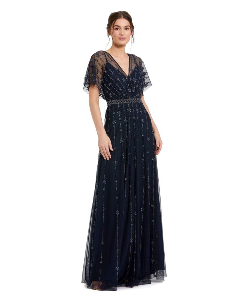 Women's V Neck Embellished Flutter Sleeve A Line Gown