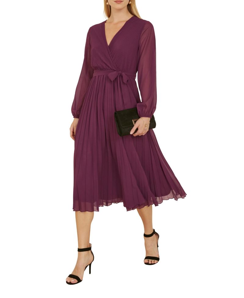 Women's Long Sleeved Pleated Midi Wrap Dress