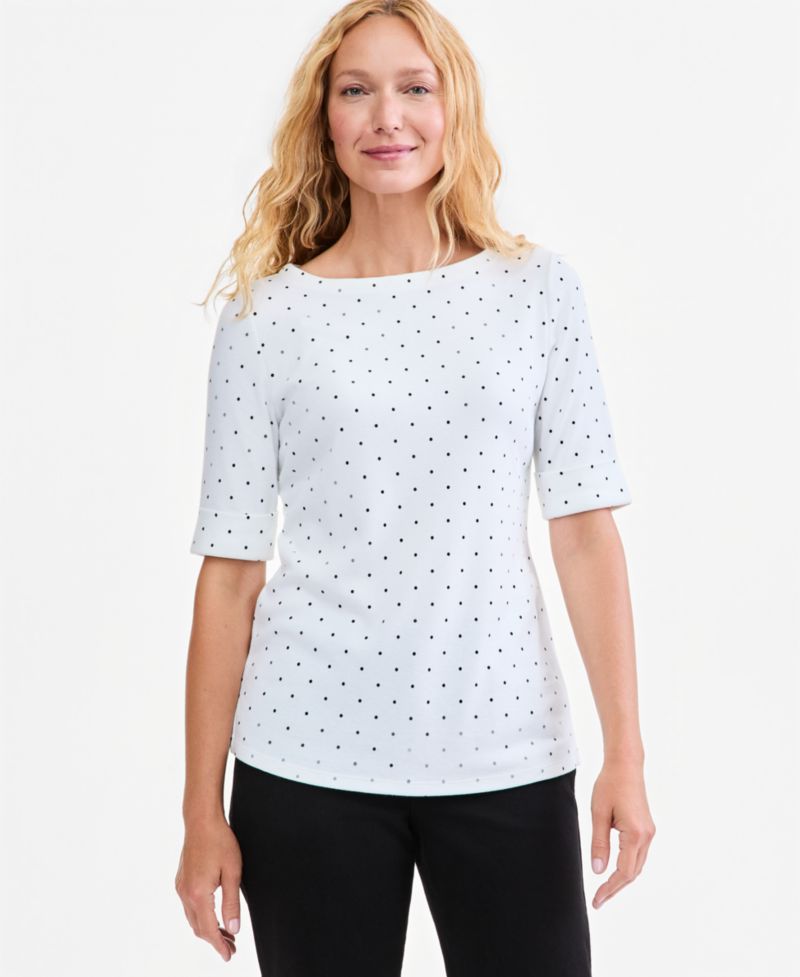 Petite Printed Boat-Neck Elbow Sleeve Top