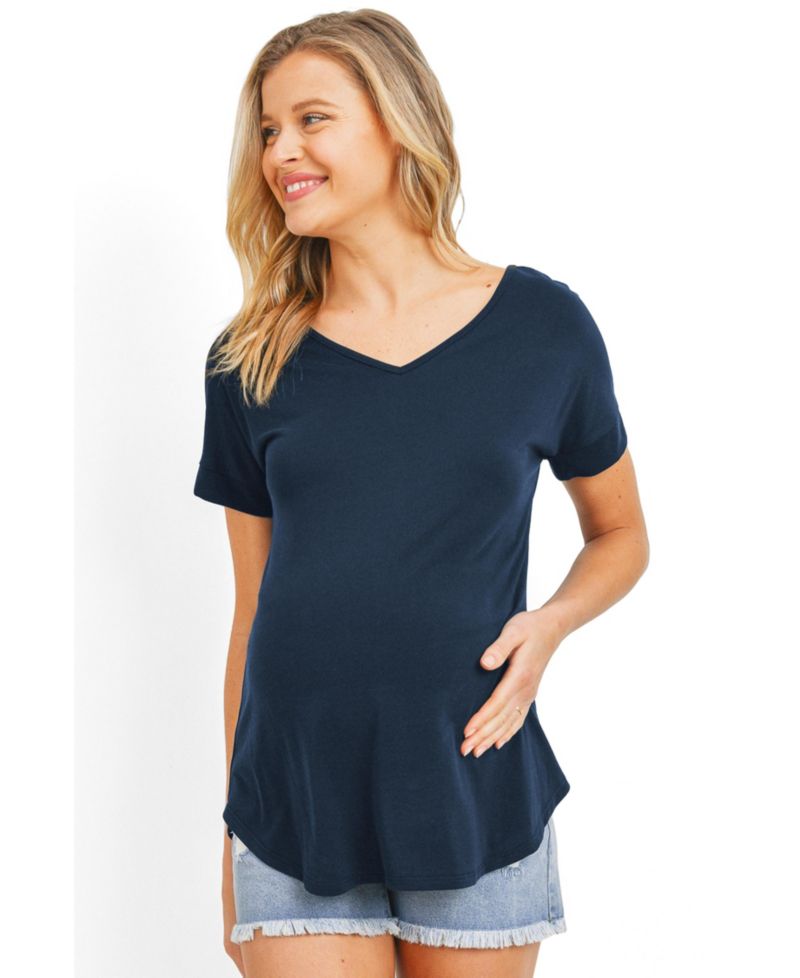 Maternity Short Sleeve V Neck Top with Back Strap Detail