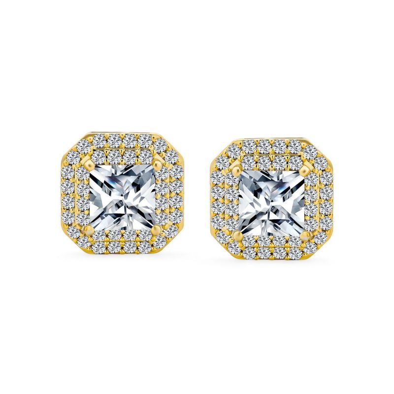 CZ Halo Princess Cut Cubic Zirconia Statement Stud Clip On Earrings Gold Plated