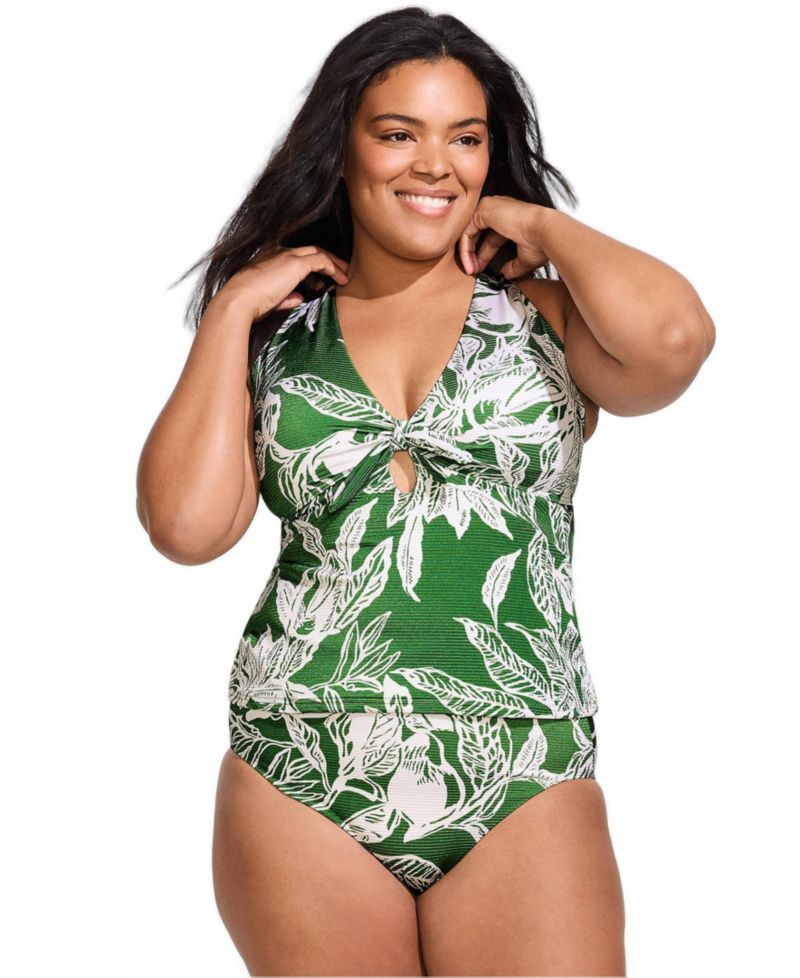 Plus Size Shine Ribbed Tankini Top and High Waisted Bottom Swimsuit Set