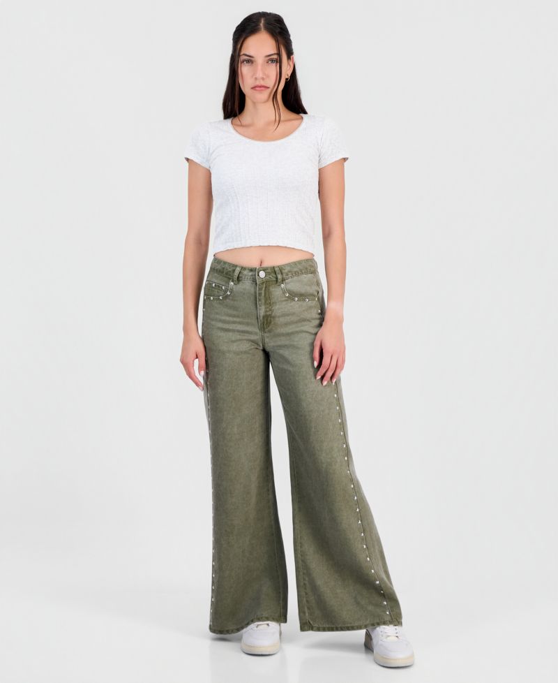 Juniors' High-Waisted Wide-Leg Studded Jeans