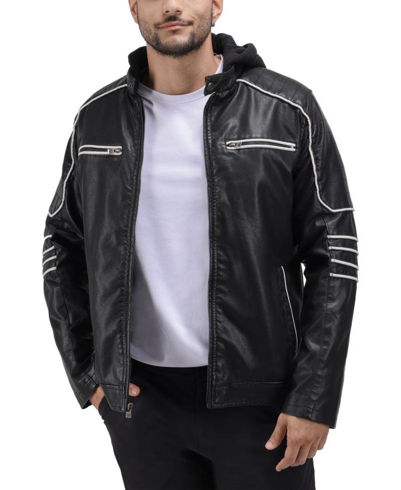 XRAY Men's Grainy PU Moto Jacket With Hood and Faux Shearling Lining