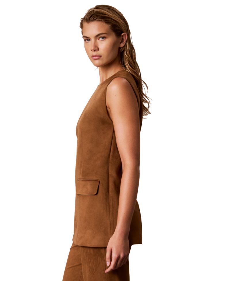 Women's Faux-Suede Back-Zip Pocket Sleeveless Blouse