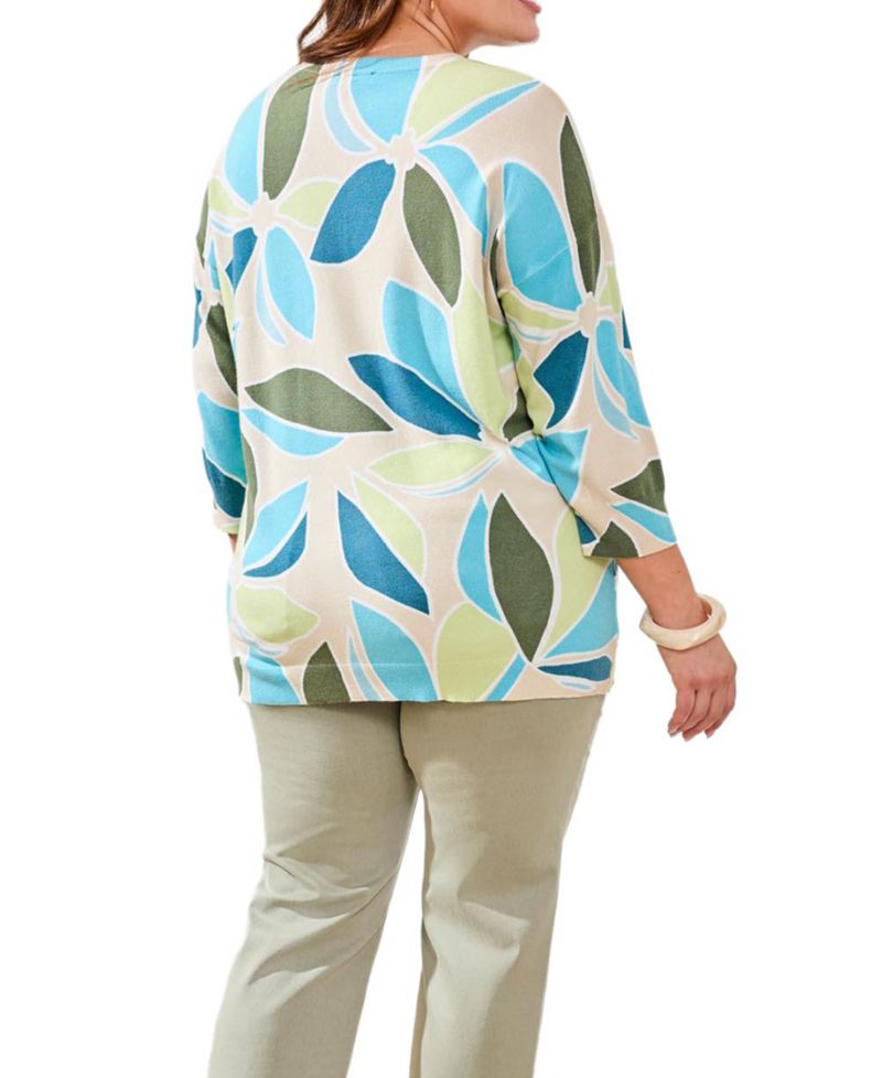 Plus Size Printed 3/4-Sleeve Crew Neck Sweater