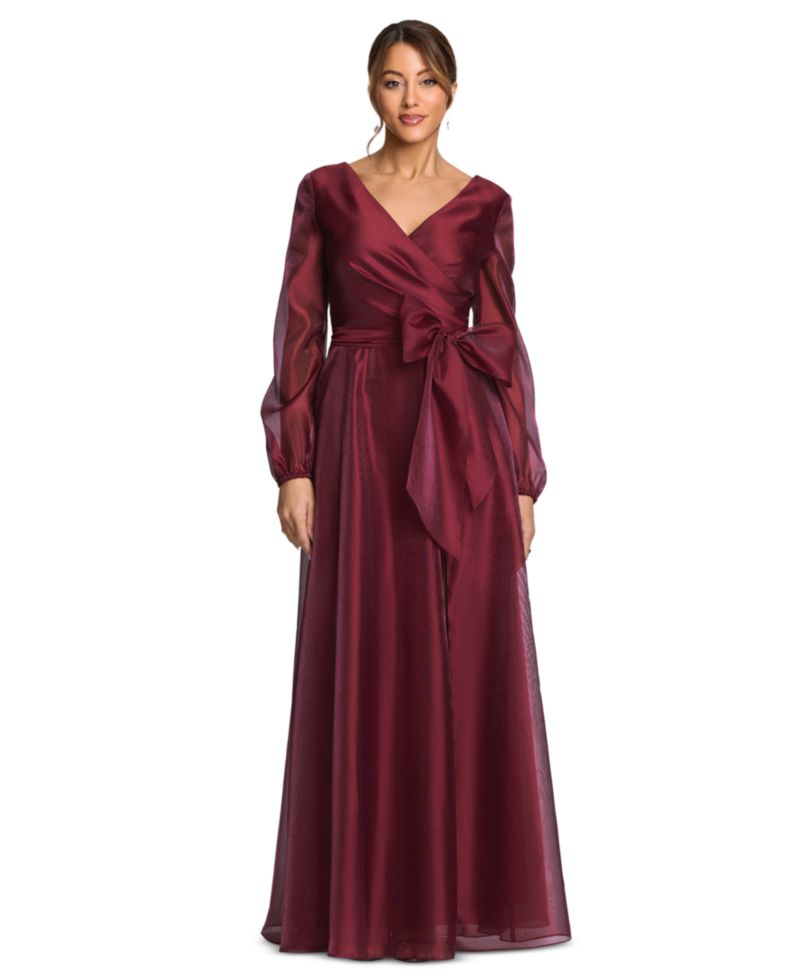 Women's V-Neck Long Sleeve Metallic Organza Gown