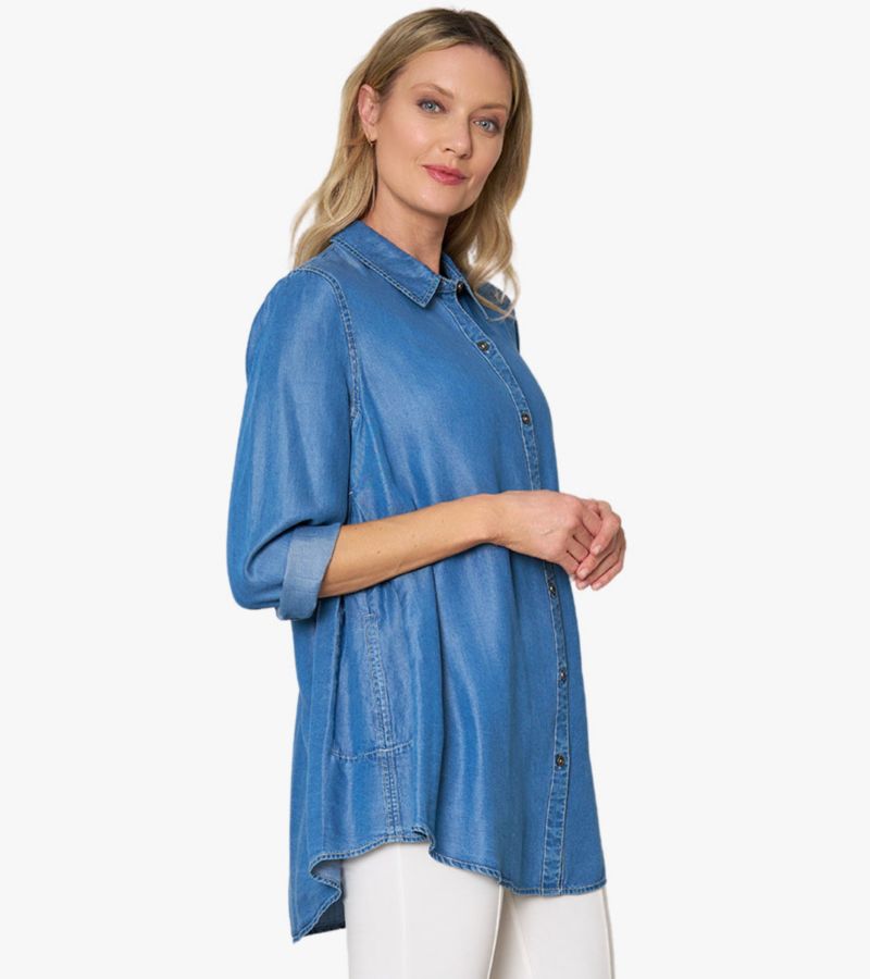 Women's Collared Denim Long Sleeve Button-Front Prime Time Tunic