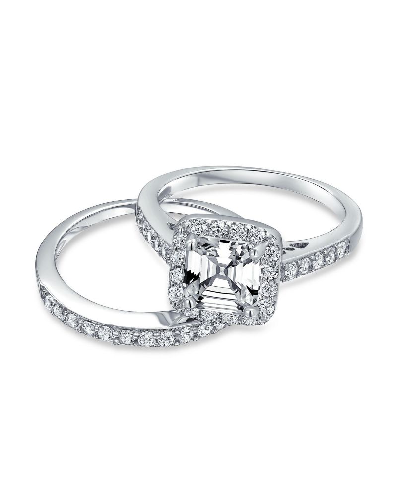 Deco Style 2CT CZ Asscher Cut Halo Engagement Ring Band Set Sterling Silver