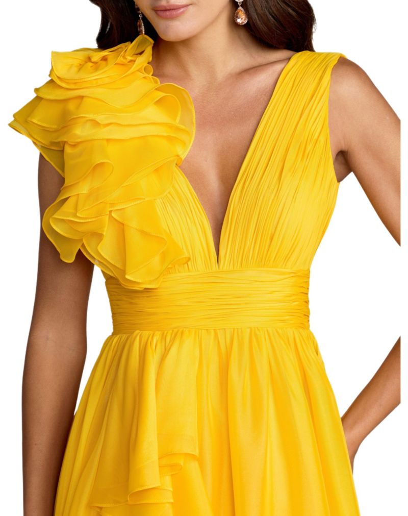 Women’s One-Shoulder Ruffle Ball Gown with Plunging V-Neck