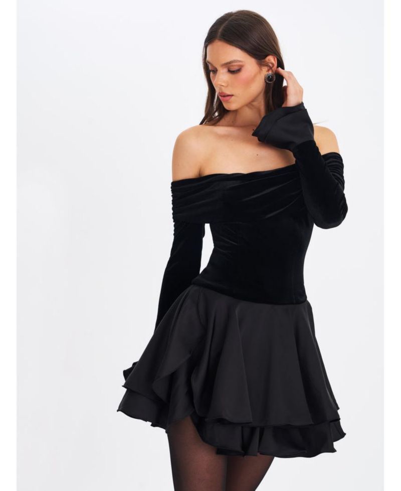 Women Magnolia Black Off-Shoulder Layered Satin Mini Dress