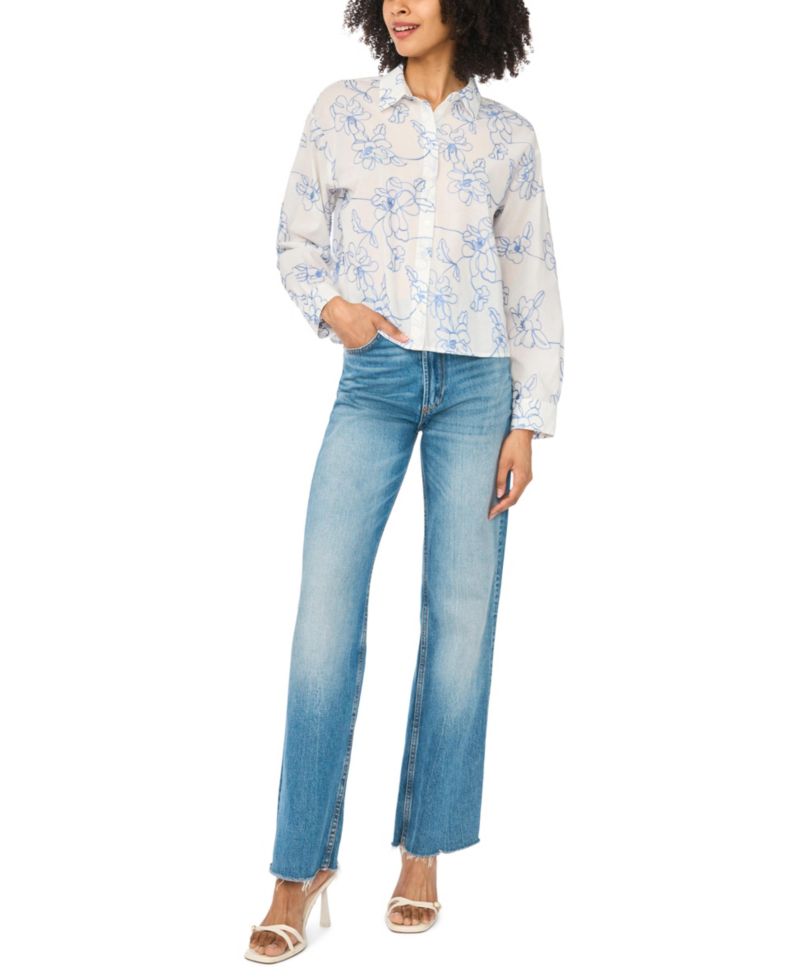 Women's Cropped Embroidered Button-Down Blouse