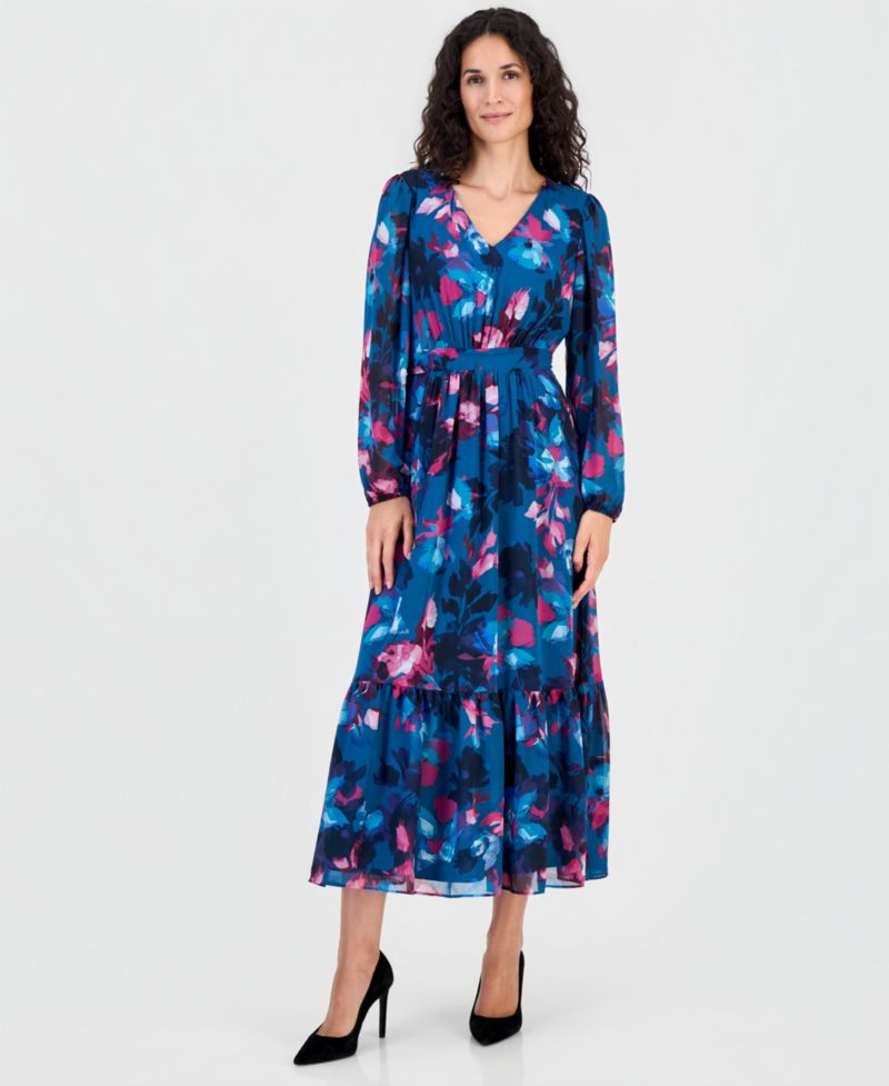 Women's Floral Balloon-Sleeve Smocked-Back Maxi Dress