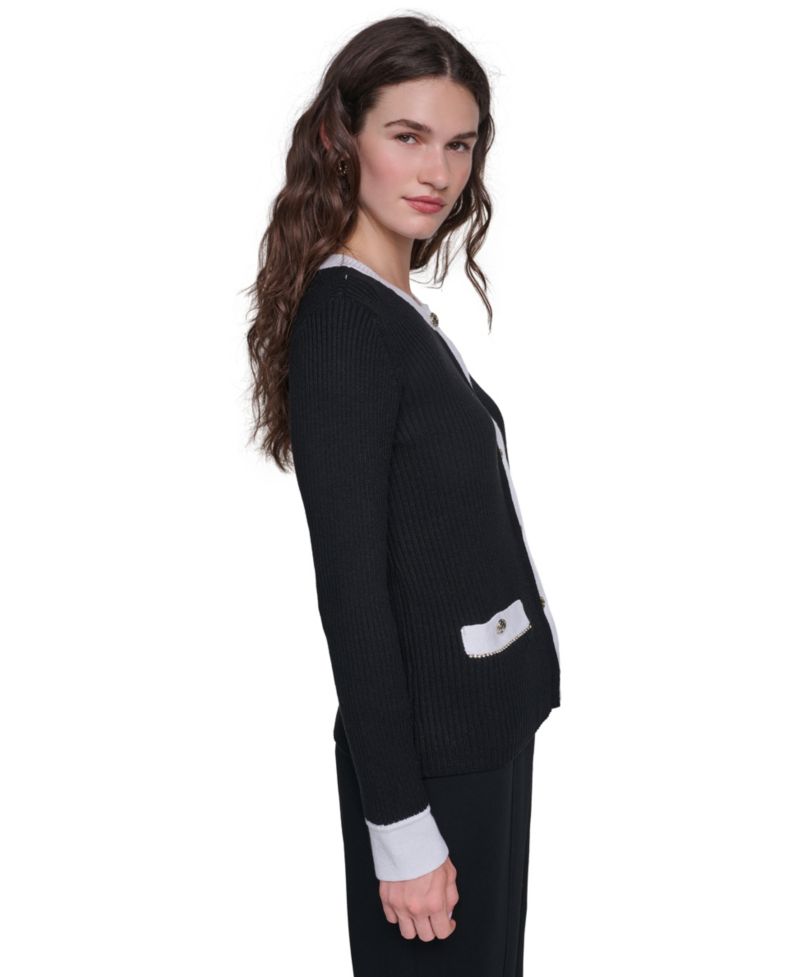Women's Colorblock Fitted Crewneck Cotton-Blend Cardigan Sweater