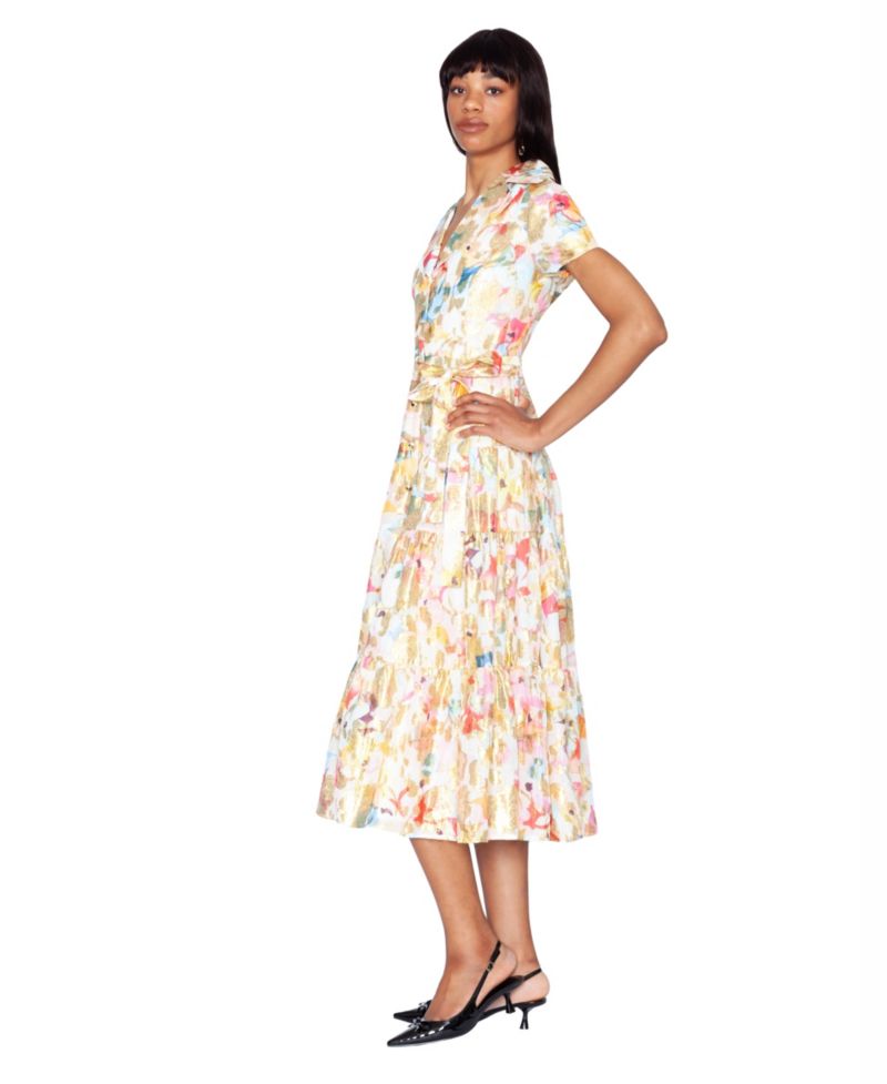 Women's V-Neck Tiered Polyester Midi Shirt Dress