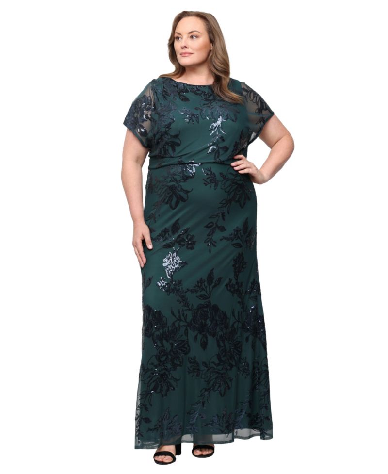 Plus Size Floral-Print Sequin Formal Gown