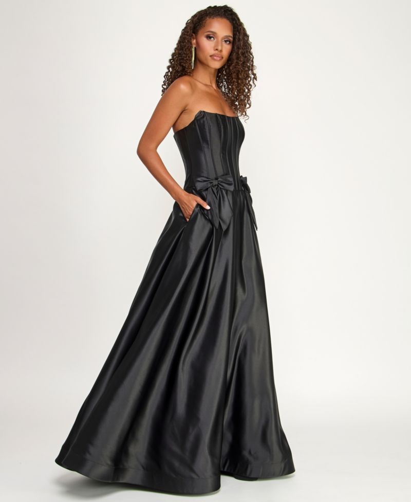 Juniors Strapless Satin Ball Gown with Waist Bows and Corset Bodice