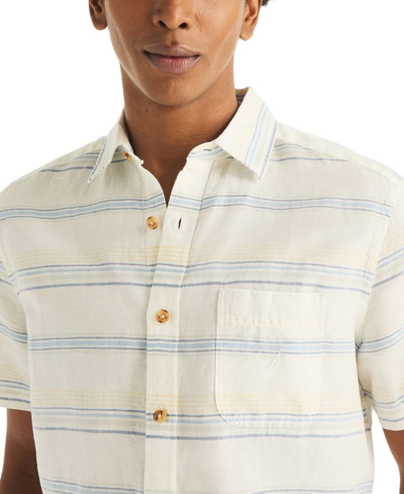 Men's Short-Sleeve Linen-Blend Horizontal Stripes Shirt