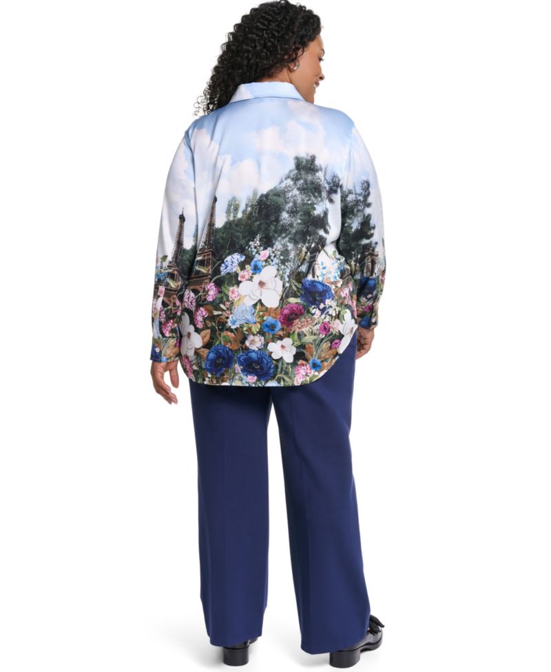 Plus Size City Scene Collared Button-Front Top