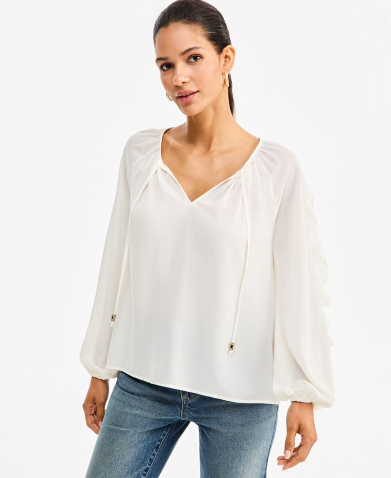 Women's Long-Sleeve V-Neck Ruffle Blouse