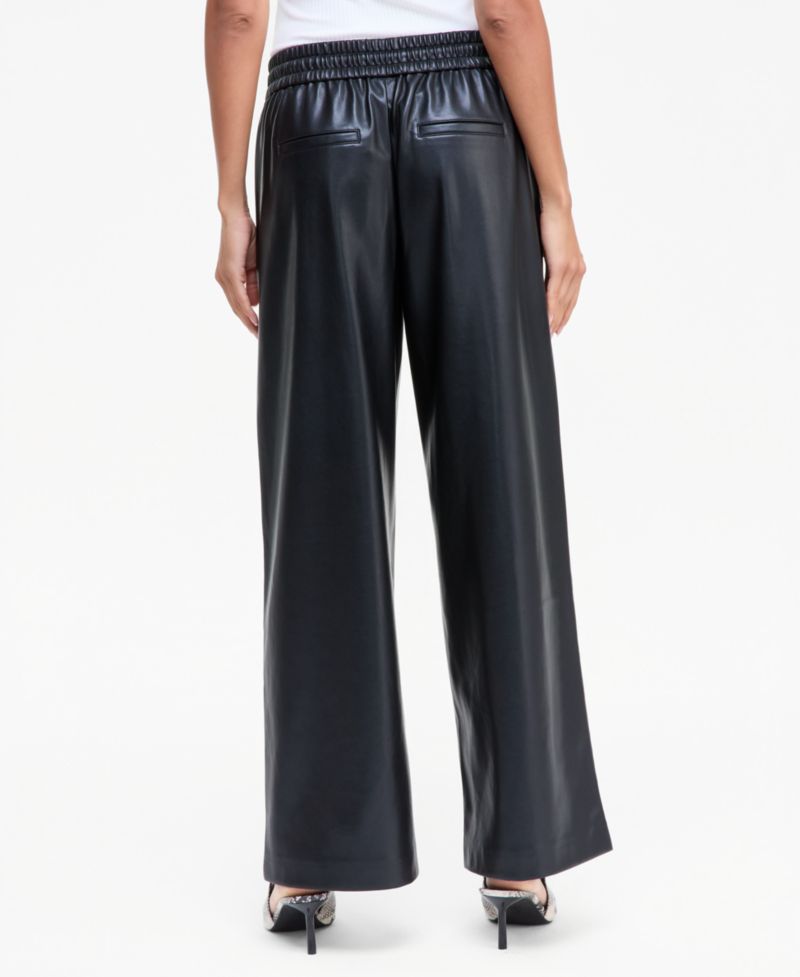 Women's Drawstring Wide-Leg High-Waist Faux Leather Pants