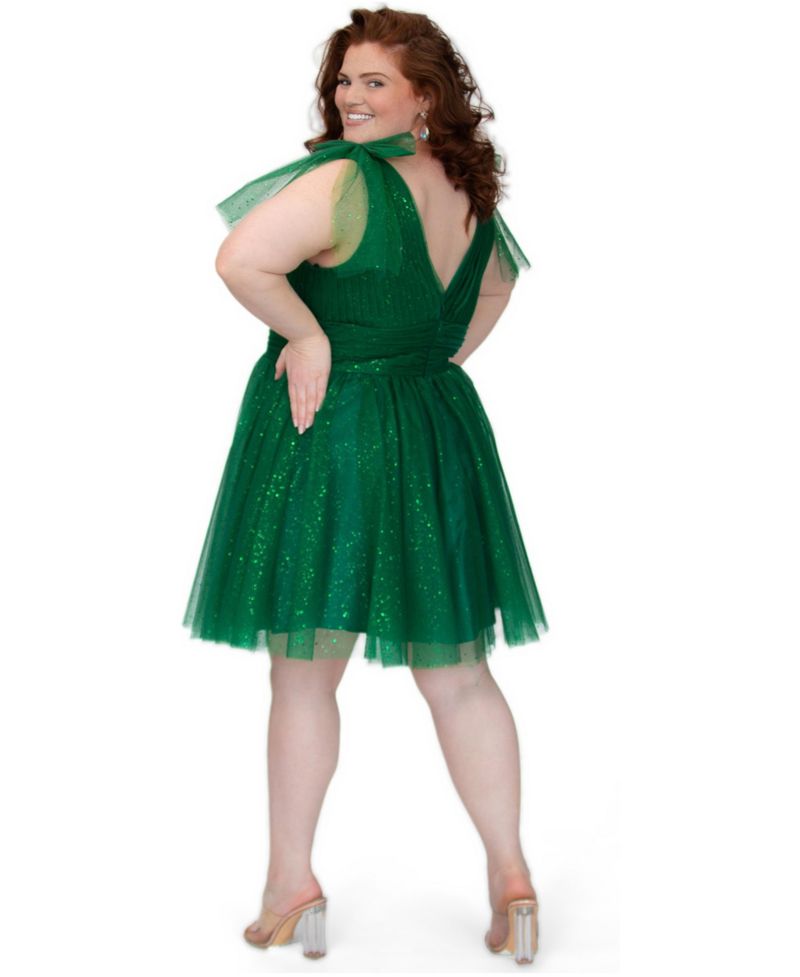 Women's Sparkle Tulle Shamrock Green Cocktail Party Dress with Detachable Bows
