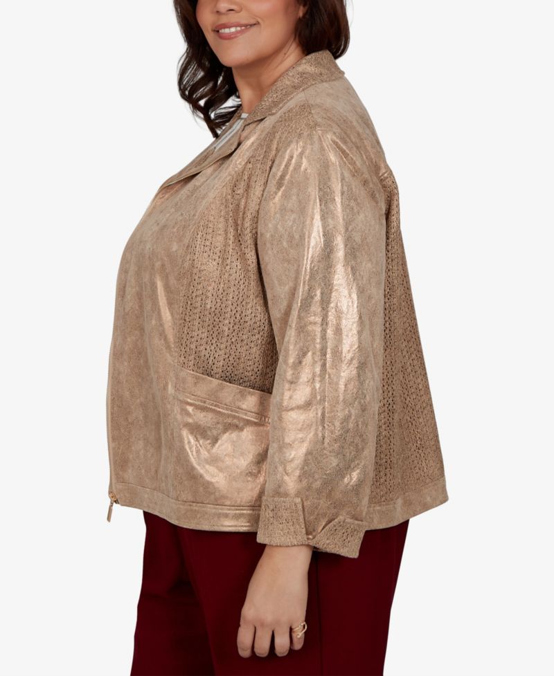 Plus Size Union Square Mixed Media Knit Back 3/4-Sleeve Zip-Front Jacket