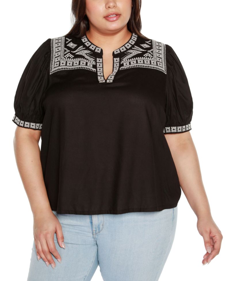 Black Label Plus Size Embroidered Boho Short Sleeve Top