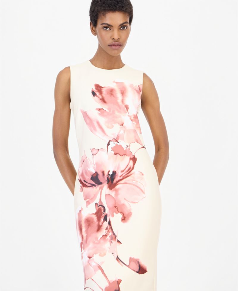 Women's Printed Scuba Sleeveless Floral Crewneck Dress