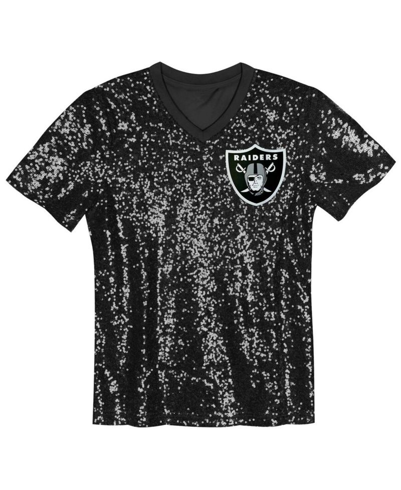 Big Girls Black Las Vegas Raider's Wordmark Sequin V-Neck Top