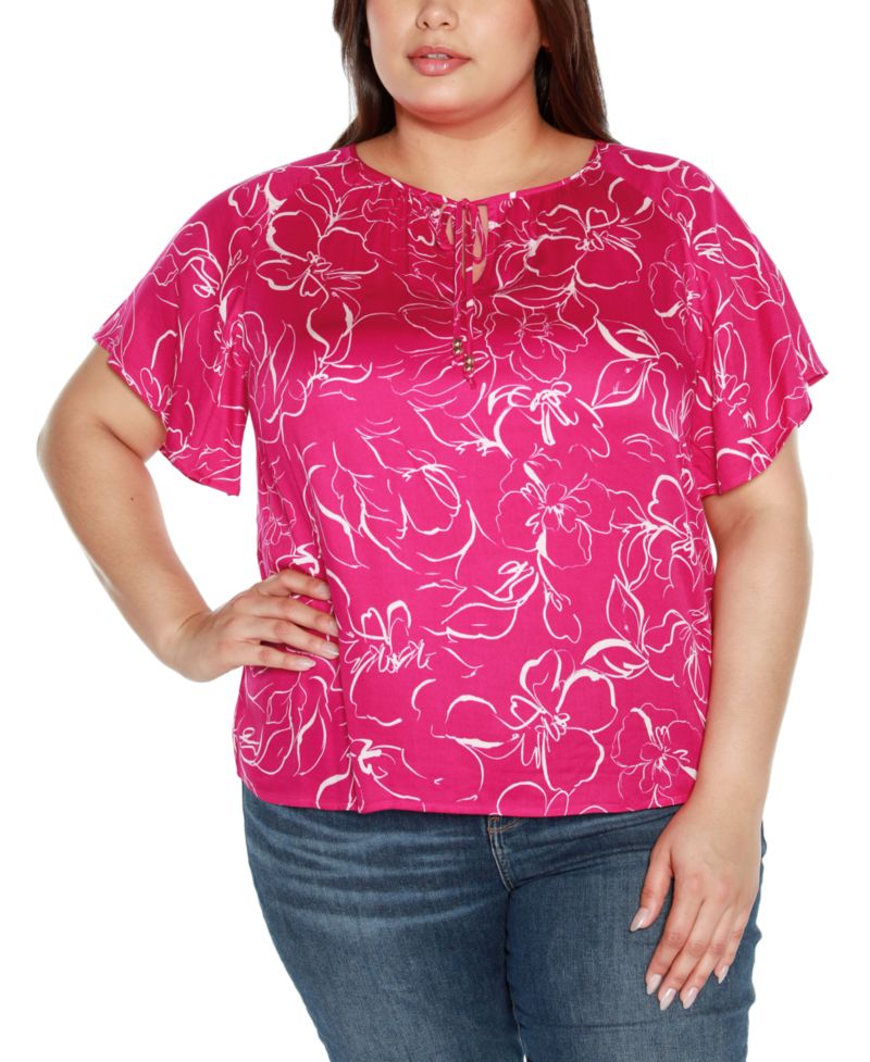 Black Label Plus Size Embellished Tie Neck Flutter Sleeve Top