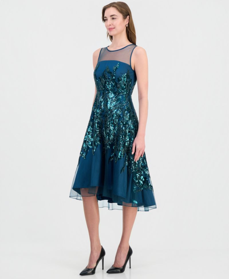 Women's Illusion and Sequin Midi Boat-Neck Sleeveless Dress