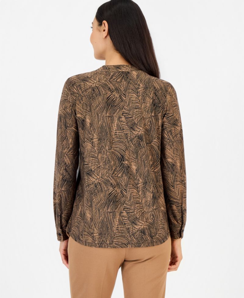 Petite Long-Sleeve Split-Neck Yoke Blouse