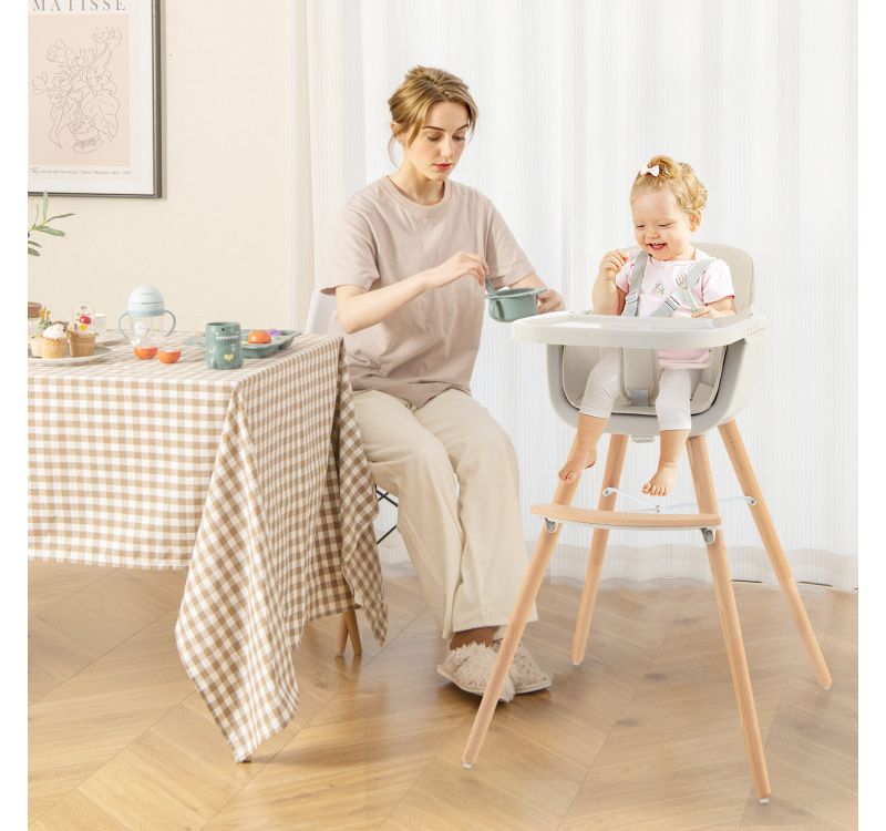 3 in 1 Convertible Wooden High Chair with Soft Cushion for Babies